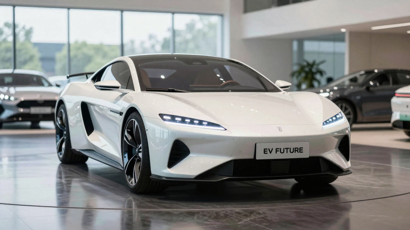 Weißes Elektro-Sportauto mit LED-Leuchten und "EV FUTURE" Nummernschild in einem Showroom.