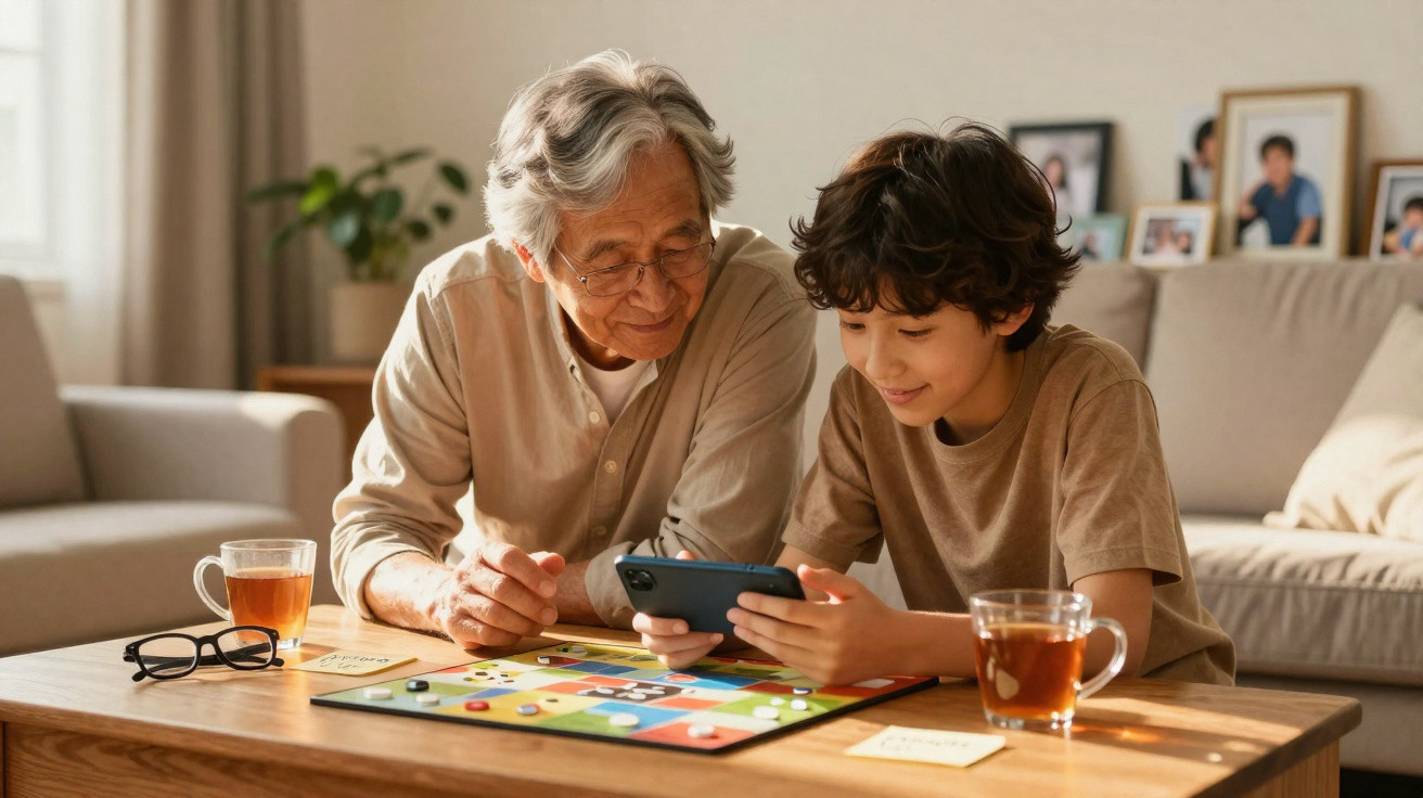 Großvater und Enkel spielen Brettspiel und schauen zusammen auf ein Smartphone am Wohnzimmertisch.