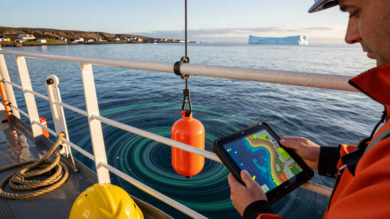 Mann auf Boot bedient Tablet zur Meeresvermessung, Boje im Wasser, Eisberg und Küste im Hintergrund.