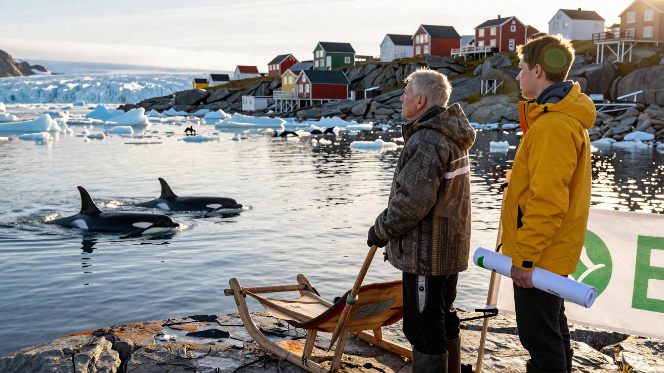 Zwei Männer beobachten Orcas im Wasser vor bunten Häusern und Eisschollen in einer arktischen Landschaft.