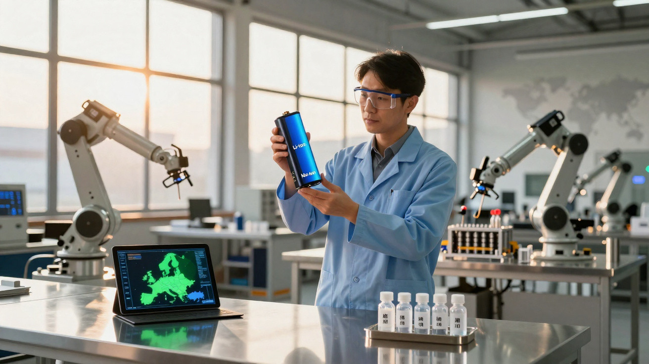 Wissenschaftler hält modellierte Batterie in Labor mit Robotern und Tablet mit Europa-Karte.