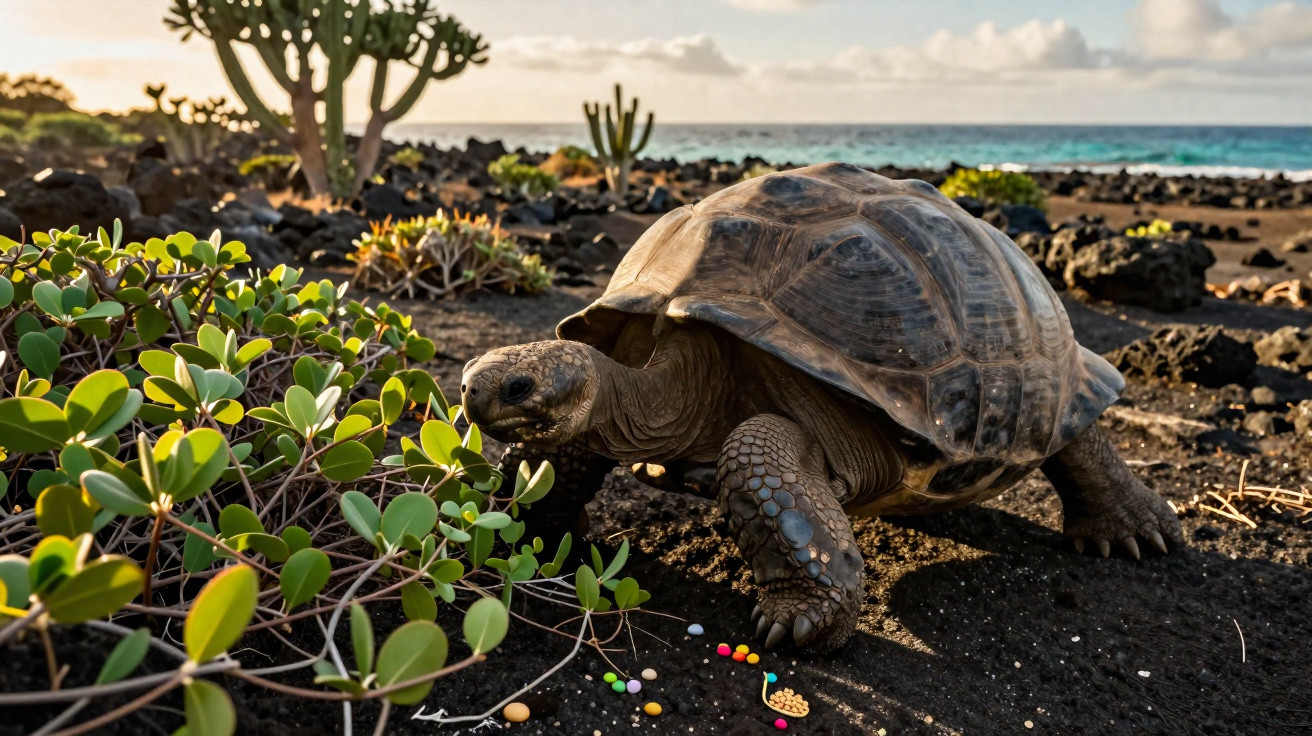 Galápagos-Riesenschildkröte kriecht über schwarzen Boden mit Pflanzen und Ozean im Hintergrund.