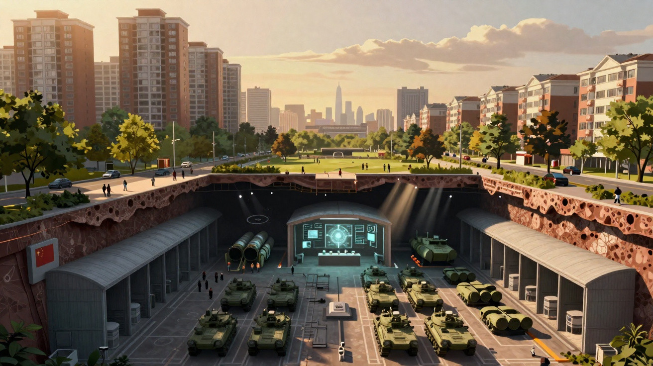 Unterirdisches Militärdepot mit Panzern, Raketen und Kommandozentrale unter einer Stadt im Sonnenuntergang.