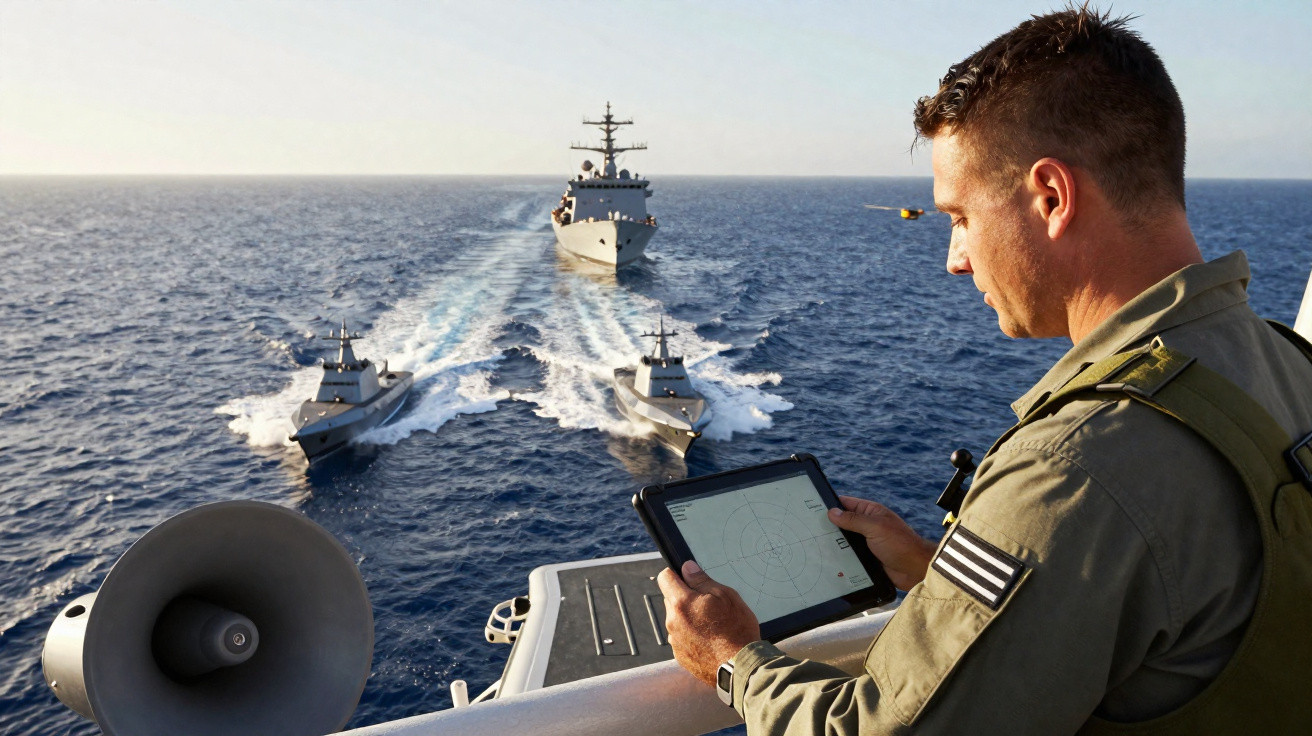 Soldat steuert mit Tablet drei Kriegsschiffe auf offenem Meer bei klarem Wetter.