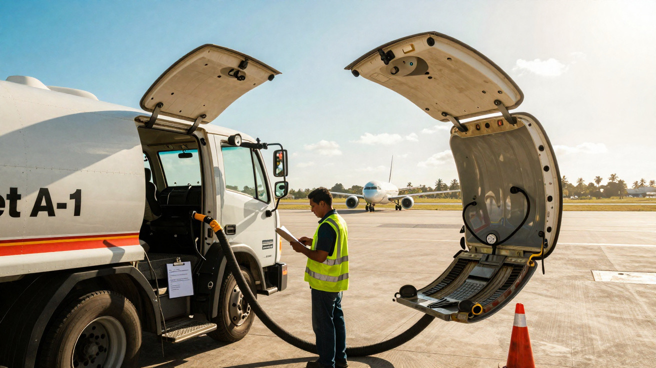 Mann in Sicherheitsweste tankt Flugzeug am Flughafen mit Tanklastwagen im Sonnenlicht.