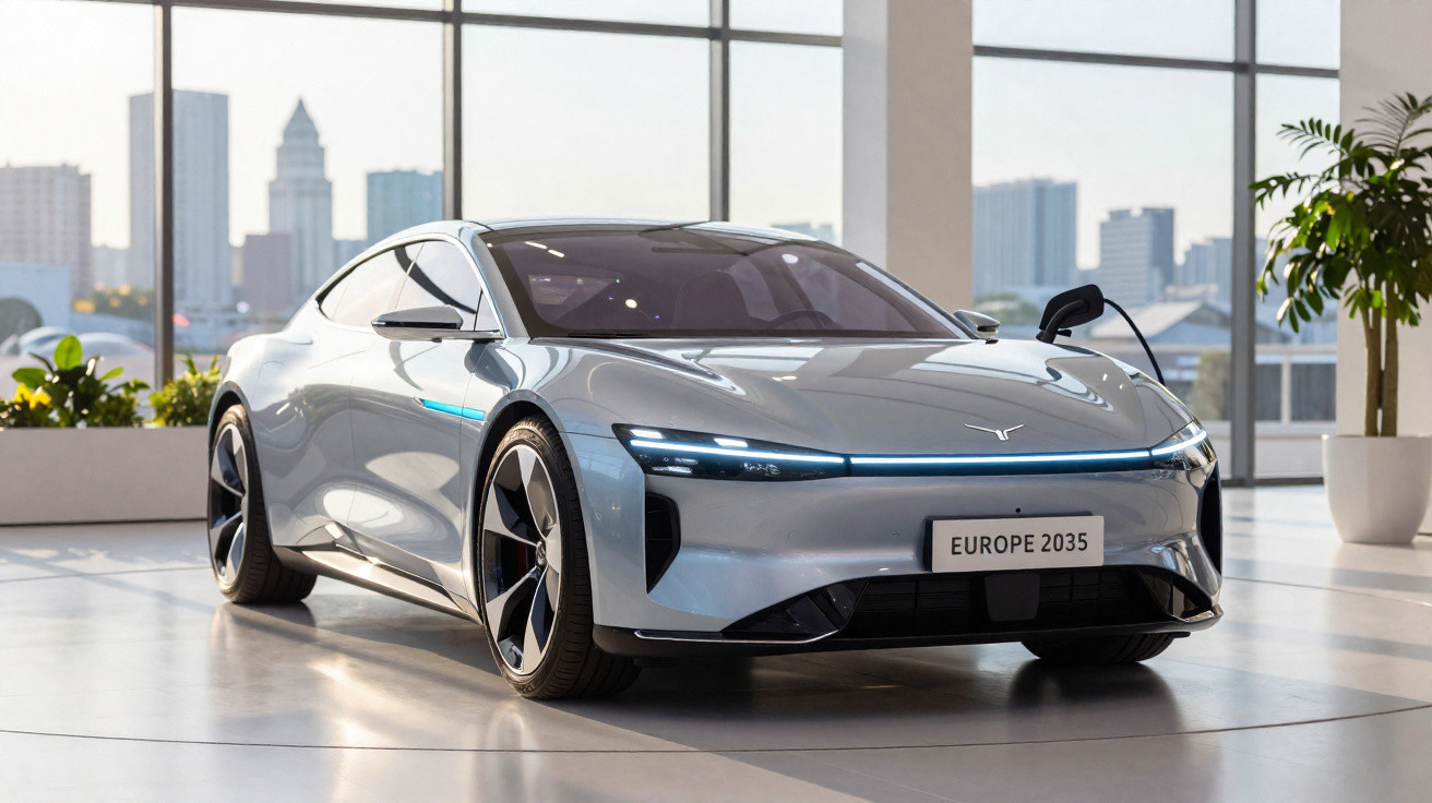 Silberner futuristischer Sportwagen in modernem Showroom mit Stadtblick und Pflanzen im Hintergrund.