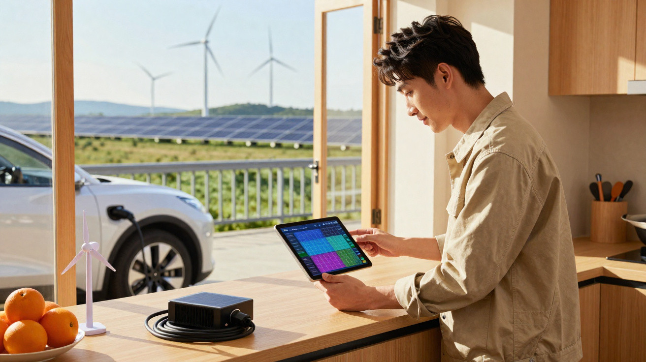 Junger Mann bedient Tablet in Küche mit Blick auf E-Auto, Solarpanels und Windräder draußen.