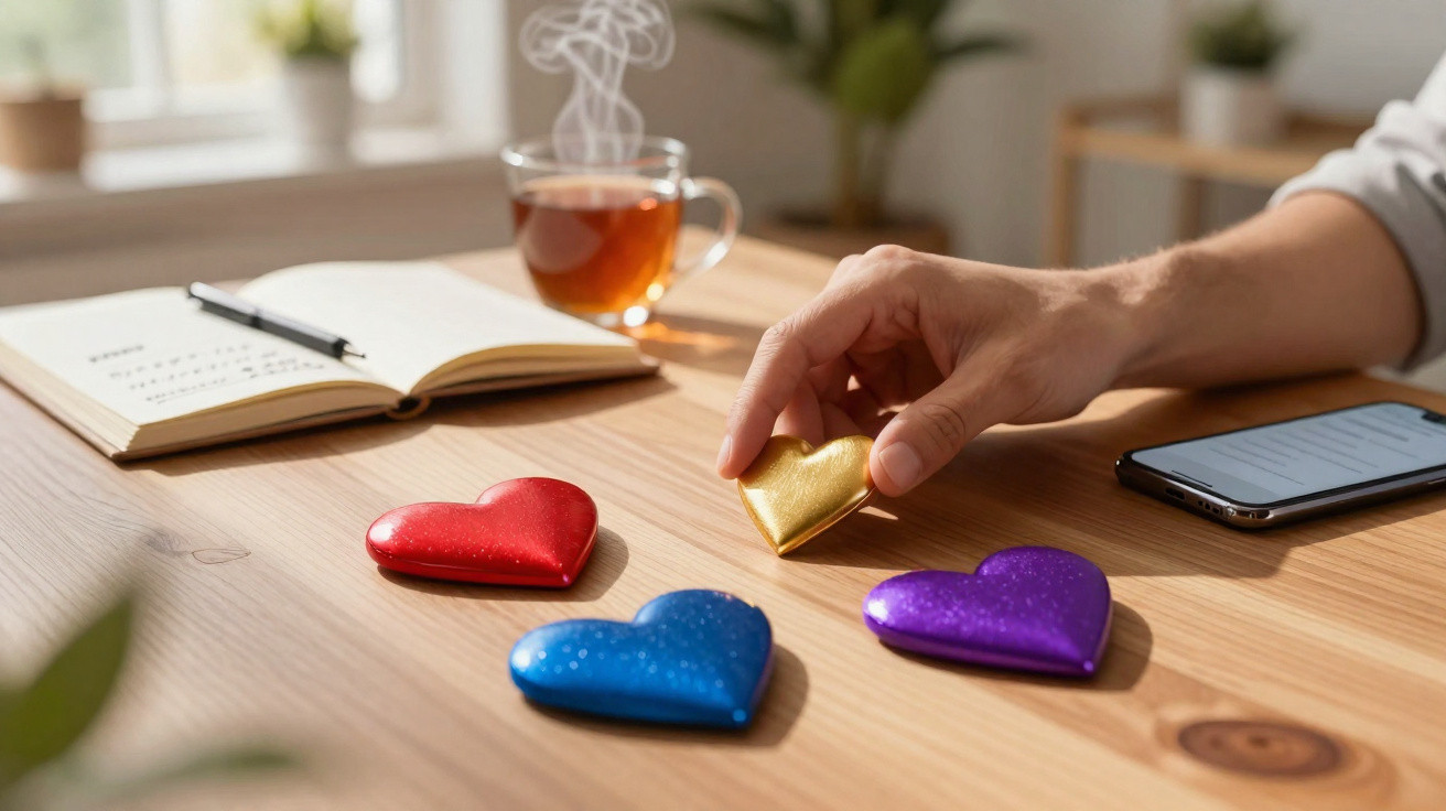 Hand greift goldenes Herz aus vier bunten Herzen, Tee, Notizbuch und Smartphone auf Holztisch liegend.