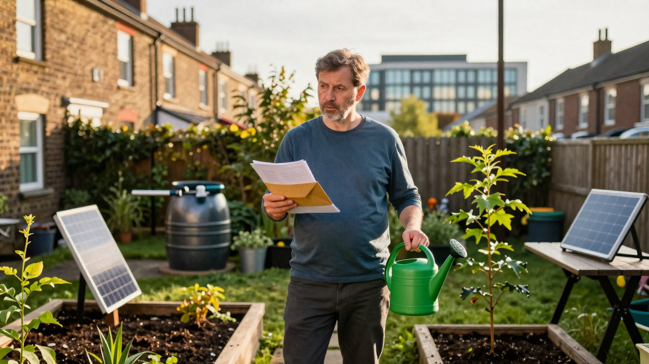 Mann im Garten hält Gießkanne und Briefe, umgeben von Pflanzen und Solarpanelen bei Tageslicht.