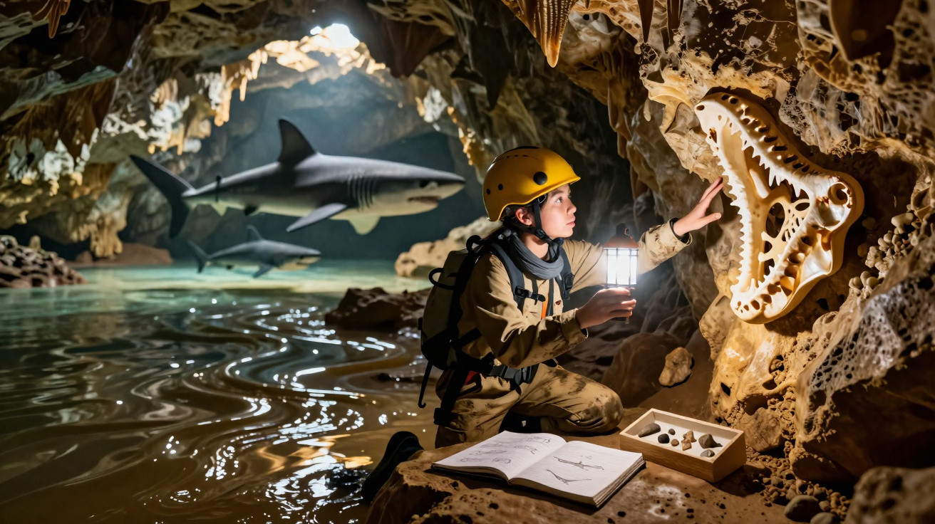 Junger Forscher in Höhle untersucht große fossile Haifischzähne bei Taschenlampenlicht.