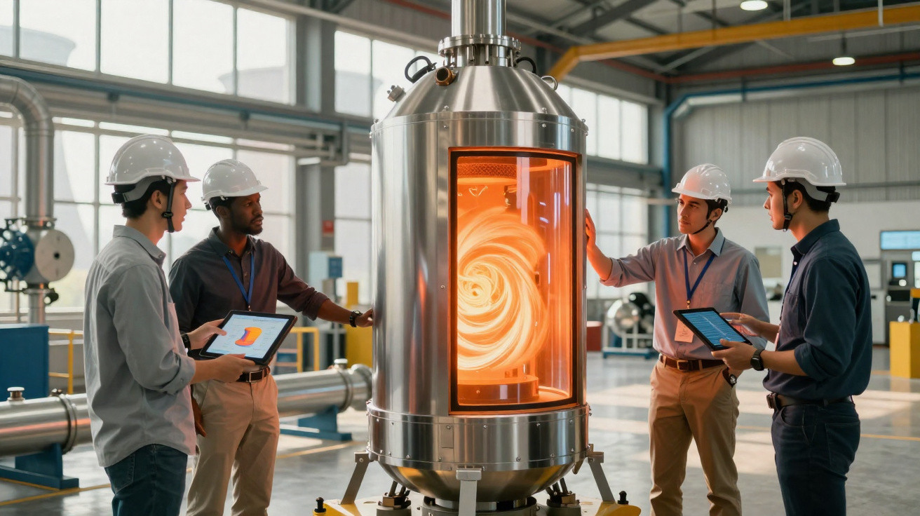 Ingenieure mit Schutzhelmen bei der Analyse einer Industrieanlage mit leuchtendem Reaktor in einer Fabrikhalle.