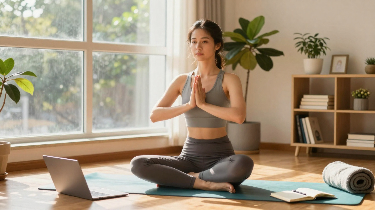 Frau meditiert im Schneidersitz auf Yoga-Matte vor Fenster mit Laptop und Notizbuch im Wohnraum.