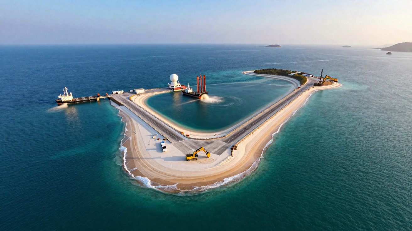 Luftaufnahme einer künstlichen Insel mit Hafenanlagen und Baugeräten im Meer unter klarem Himmel.