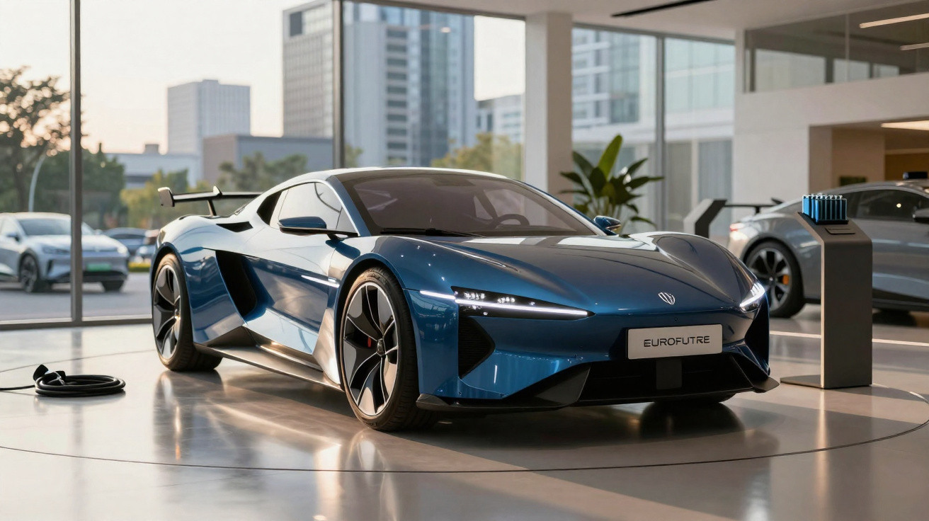 Blauer Elektro-Sportwagen im Showroom mit großer Glasfront und moderner Architektur im Hintergrund.