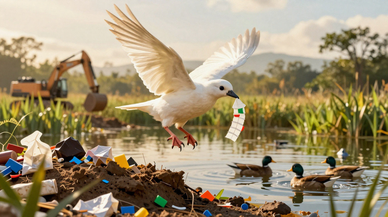 Weiße Möwe fliegt über verschmutztes Wasser mit Plastikmüll im Schnabel, Enten schwimmen im Hintergrund.