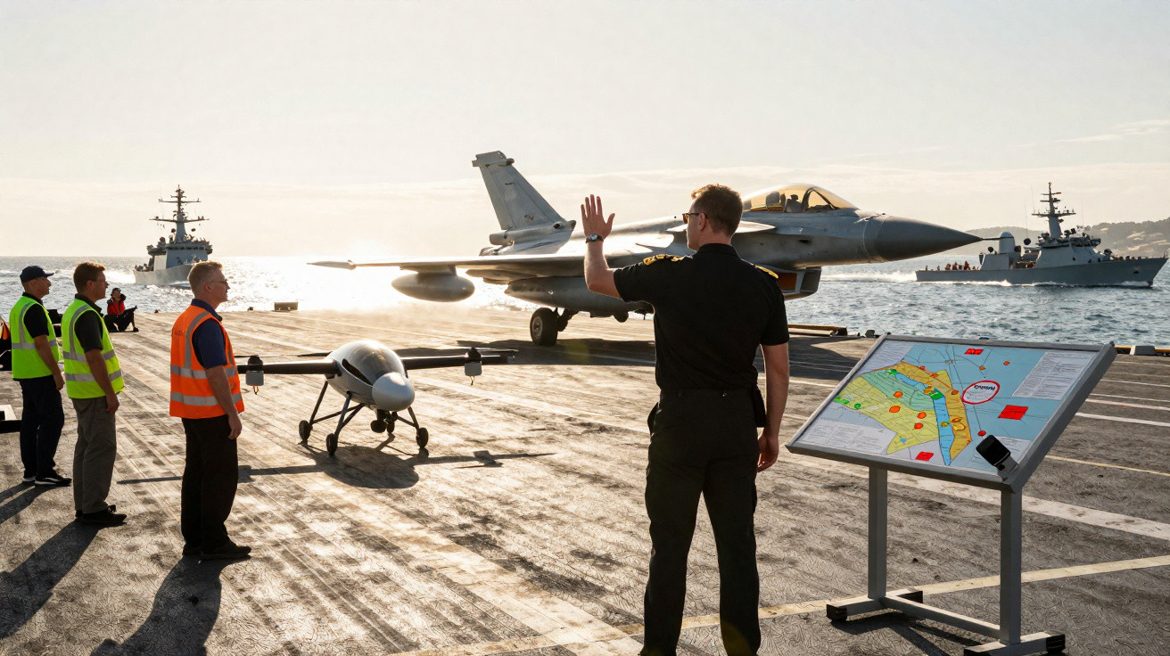 Militärische Startvorbereitung mit Jet, Drohne und Personal auf Flugzeugträger bei Sonnenuntergang.