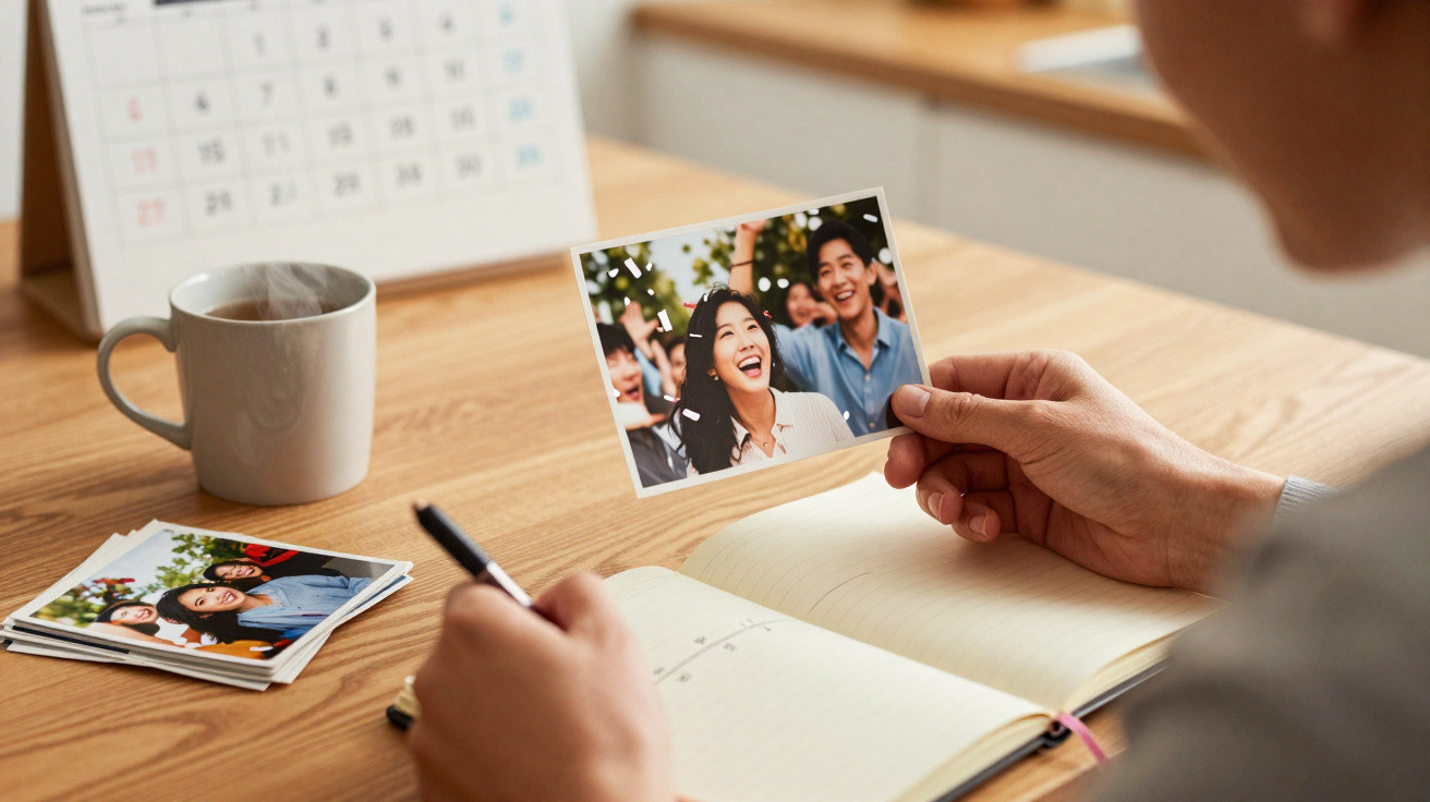 Person blättert Fotos durch und macht Notizen in einem offenen Kalender auf einem Holztisch mit Kaffeetasse.