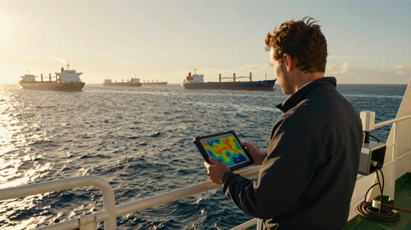 Mann auf Schiff beobachtet mit Tablet mehrere Frachtschiffe bei sonnigem Wetter auf dem Meer.