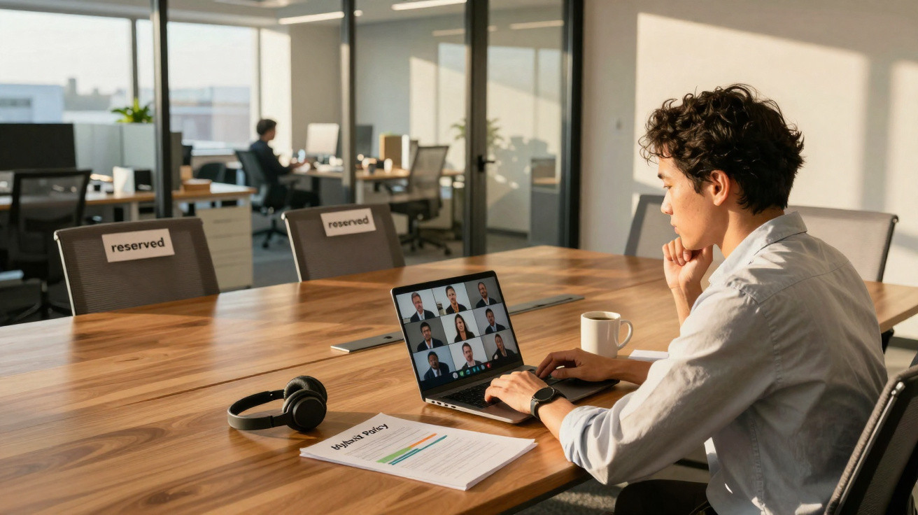 Person sitzt in einem modernen Büro an einem Konferenztisch und nimmt an einem Video-Meeting auf dem Laptop teil.