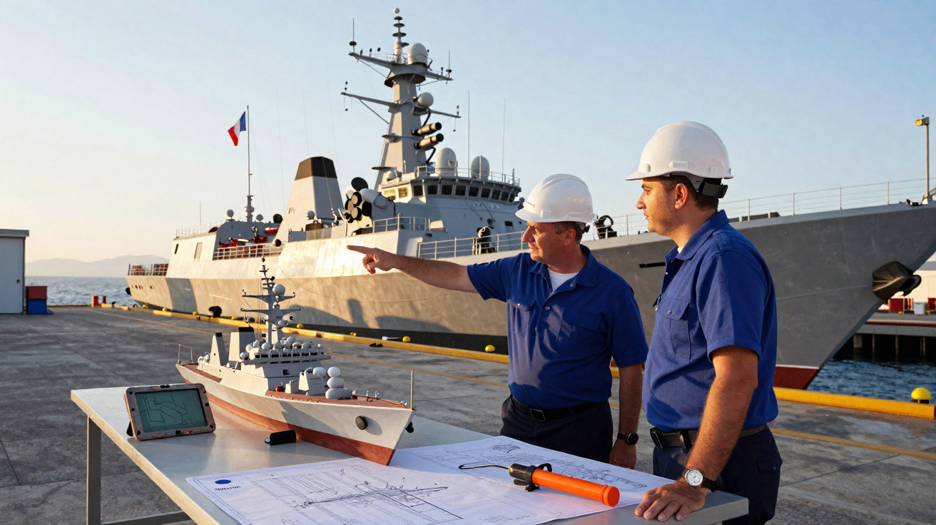 Zwei Männer mit Schutzhelmen besprechen einen Schiffsmodellplan an einem Hafen mit Kriegsschiff im Hintergrund.