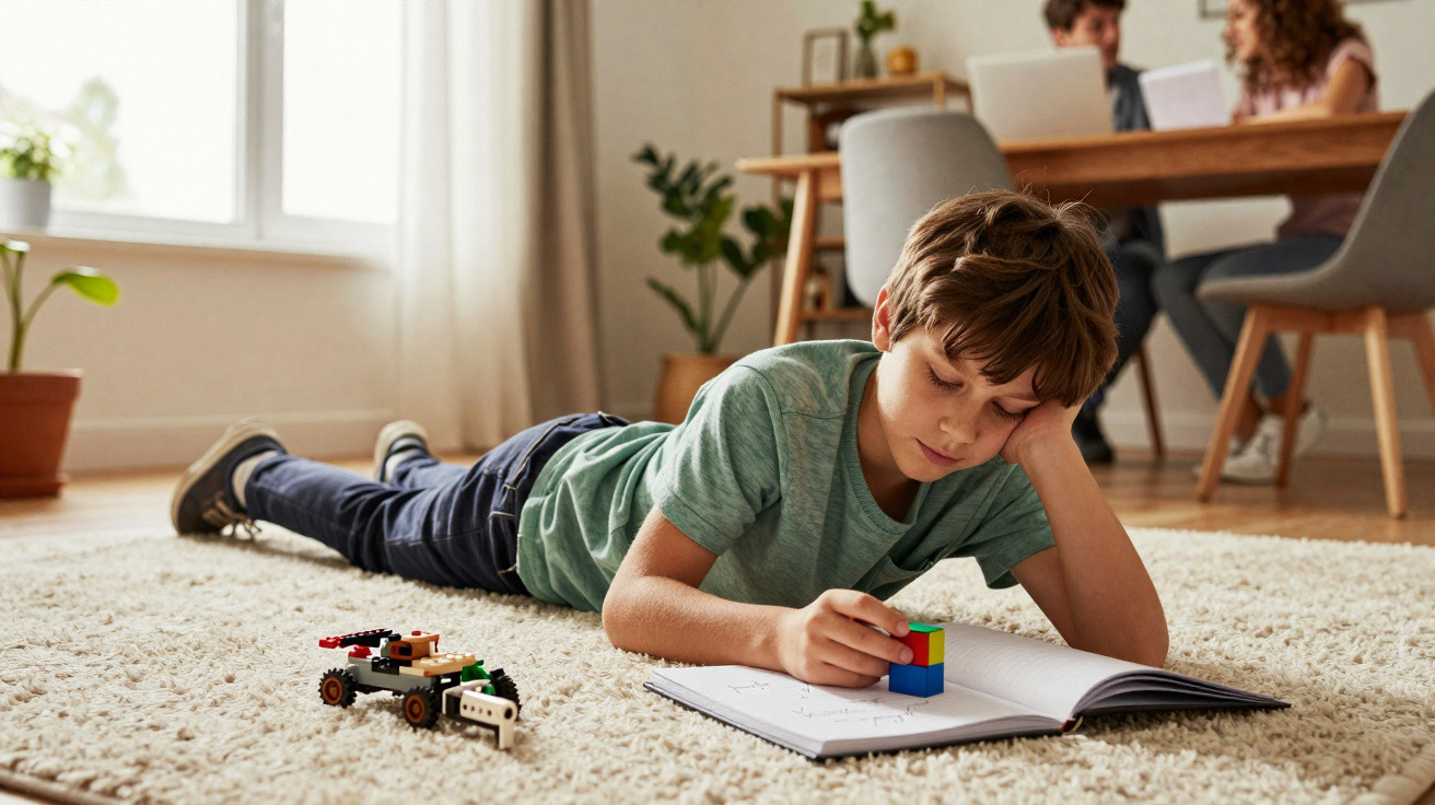 Junge liegt auf Teppich und löst Rubik's Cube, im Hintergrund sitzen zwei Erwachsene am Tisch mit Laptop.