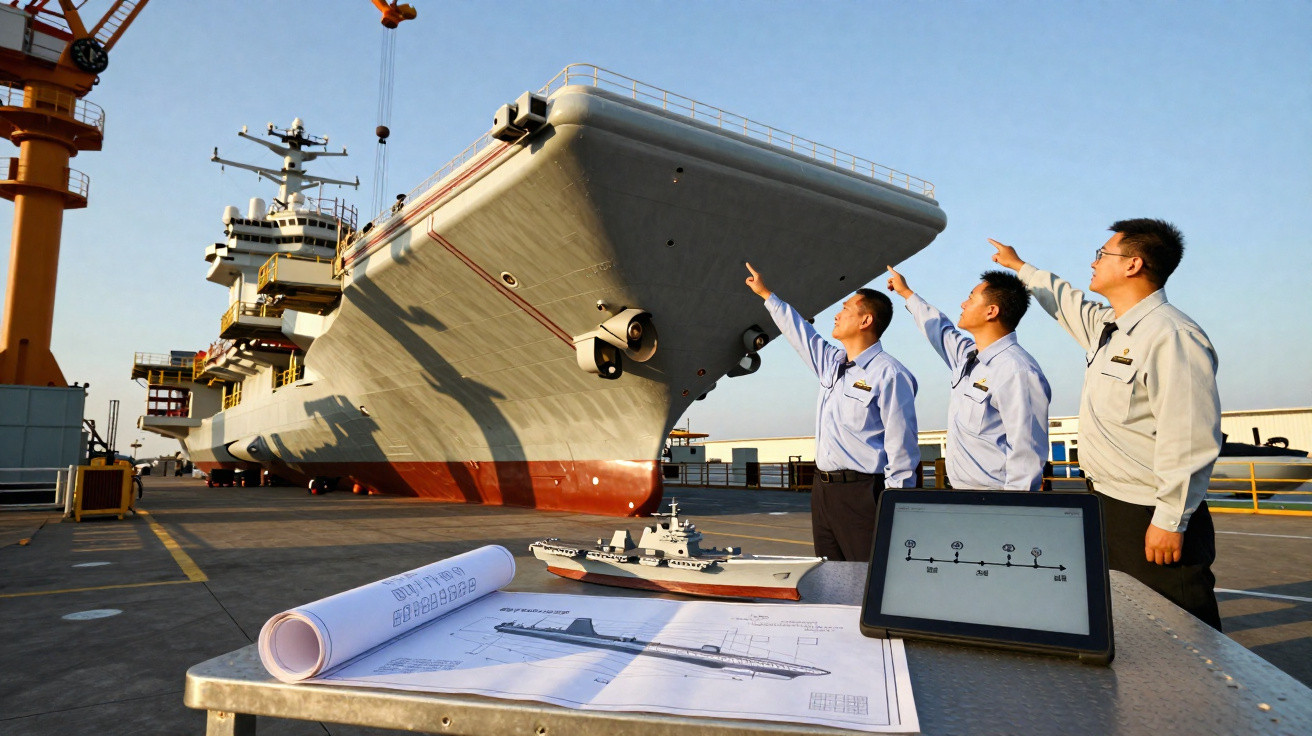 Drei Männer in Uniform prüfen einen Flugzeugträger im Hafen mit Plänen und Modell auf einem Tisch im Vordergrund.
