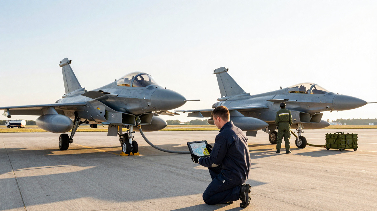 Zwei Kampfjets auf Startbahn, davor Mann mit Tablet, dahinter Soldat und militärisches Equipment.