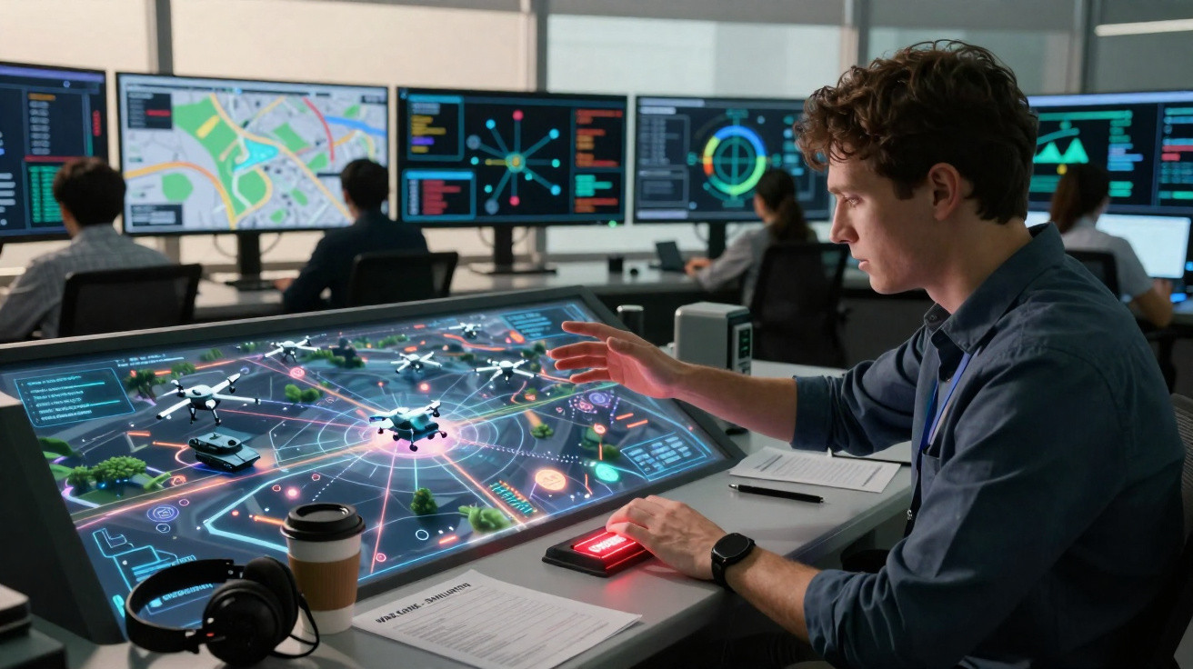 Junger Mann steuert Drohnen in Hightech-Kontrollraum mit digitalen Karten und Monitoren.
