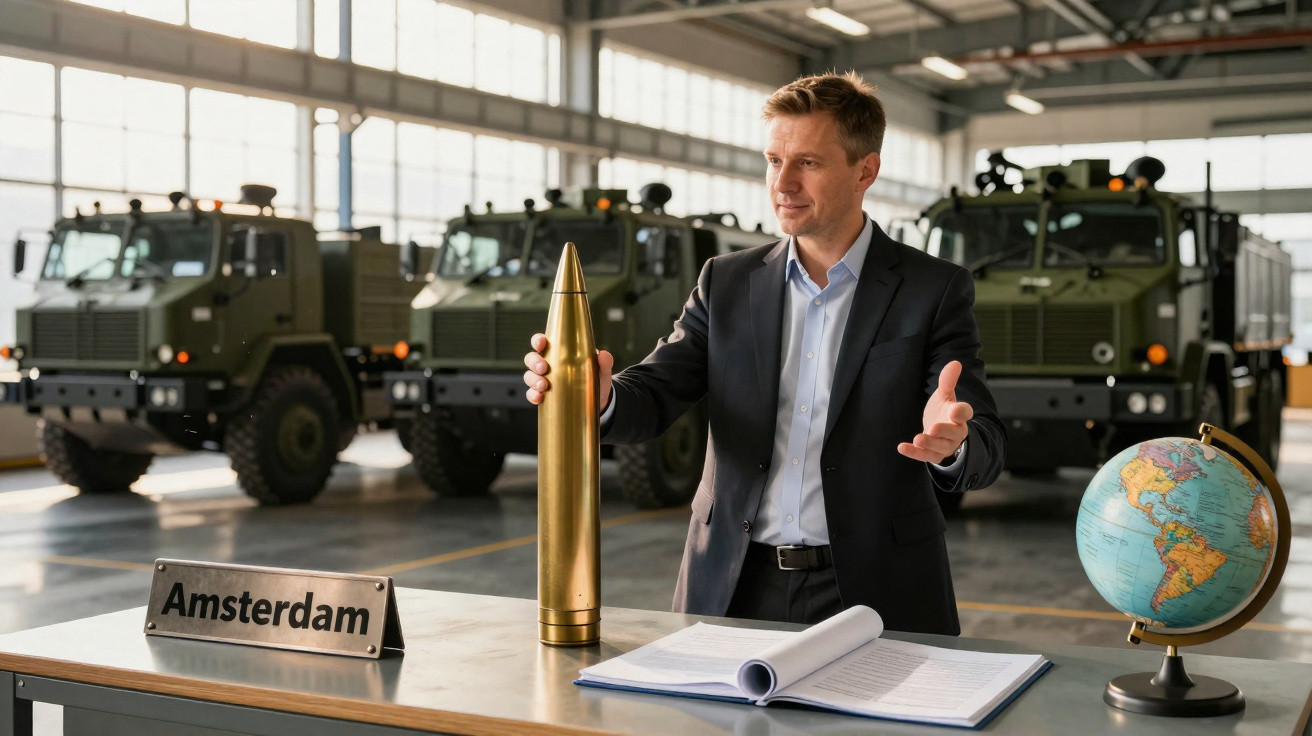 Mann im Anzug steht an Tisch mit Weltkugel, Schussmunition und Amsterdamschild vor Militärfahrzeugen in Halle.