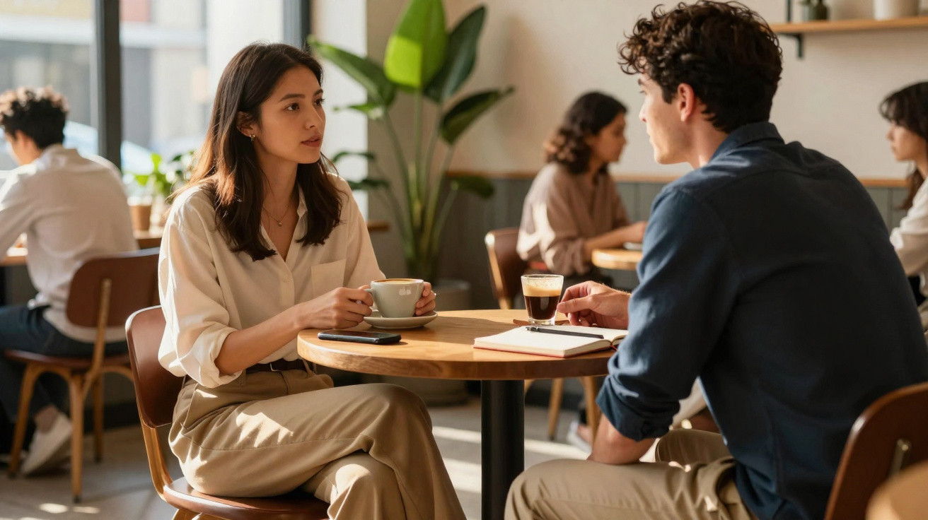 Junge Frau und Mann sitzen in Café, trinken Kaffee und unterhalten sich entspannt am Holztisch.