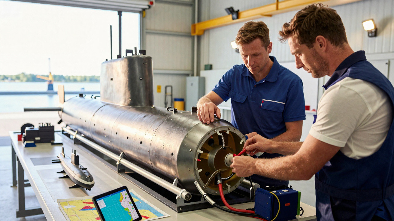 Zwei Techniker arbeiten an einem U-Boot-Modell in einer Werkstatt mit technischem Equipment.