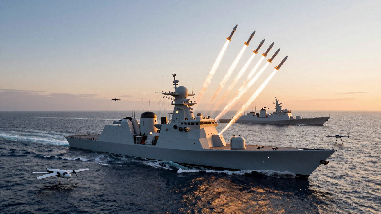 Zwei Kriegsschiffe auf dem Meer bei Sonnenuntergang, eines feuert Raketen ab, mehrere Drohnen fliegen daneben.