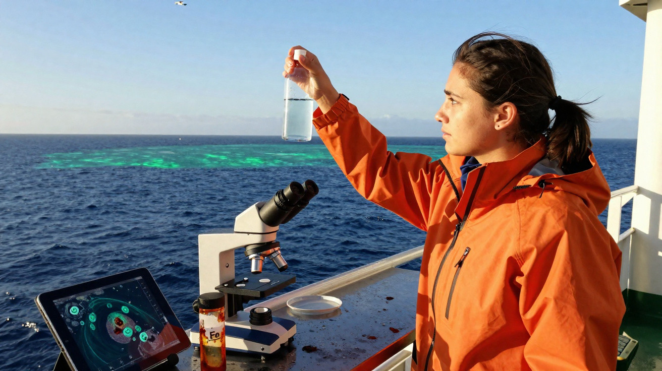 Frau in orangener Jacke analysiert Wasserprobe auf einem Forschungsschiff mit Mikroskop und Tablet im Meer.
