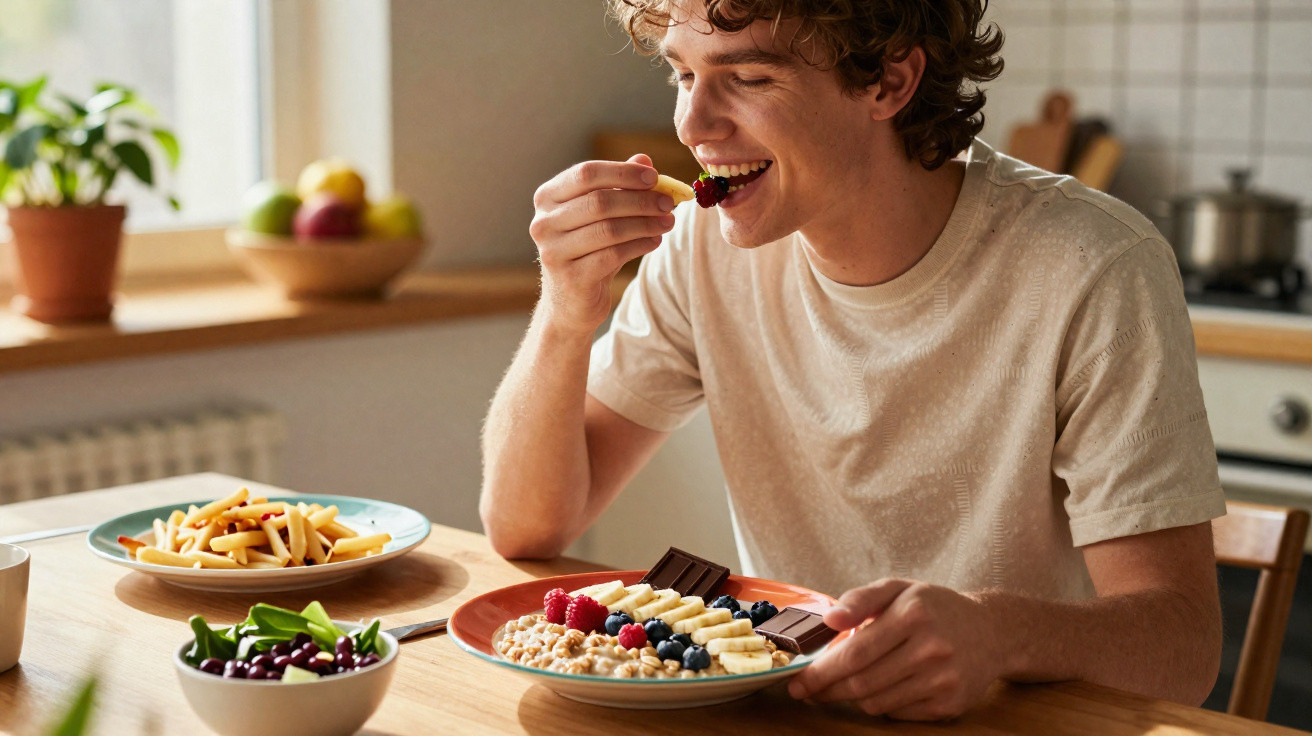 Junger Mann sitzt an Küchentisch und isst Müsli mit Banane, Beeren und Schokolade.
