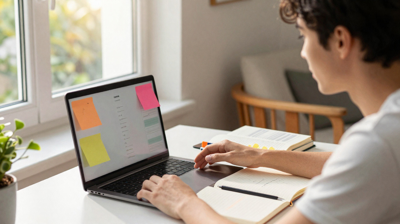Person arbeitet mit Laptop, Notizbuch und Stift an hellem Schreibtisch neben Fenster und Pflanze.