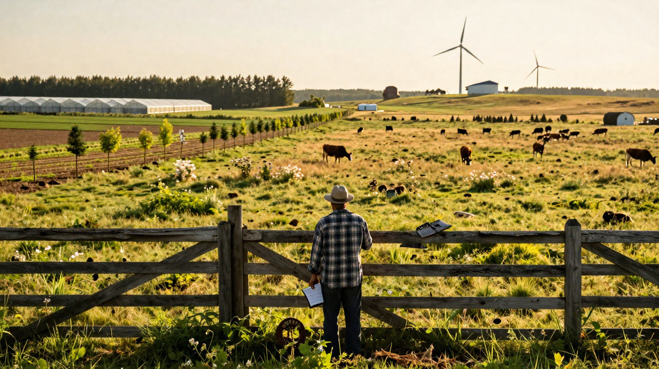 Bauer mit Hut steht am Holzzaun und blickt auf Kühe auf grünem Feld mit Windrädern im Hintergrund.