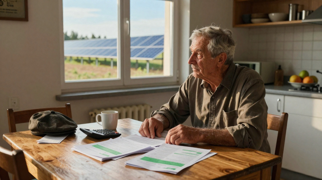 Älterer Mann sitzt am Tisch mit Rechnungen, schaut aus dem Fenster auf ein Solarpanel-Feld.