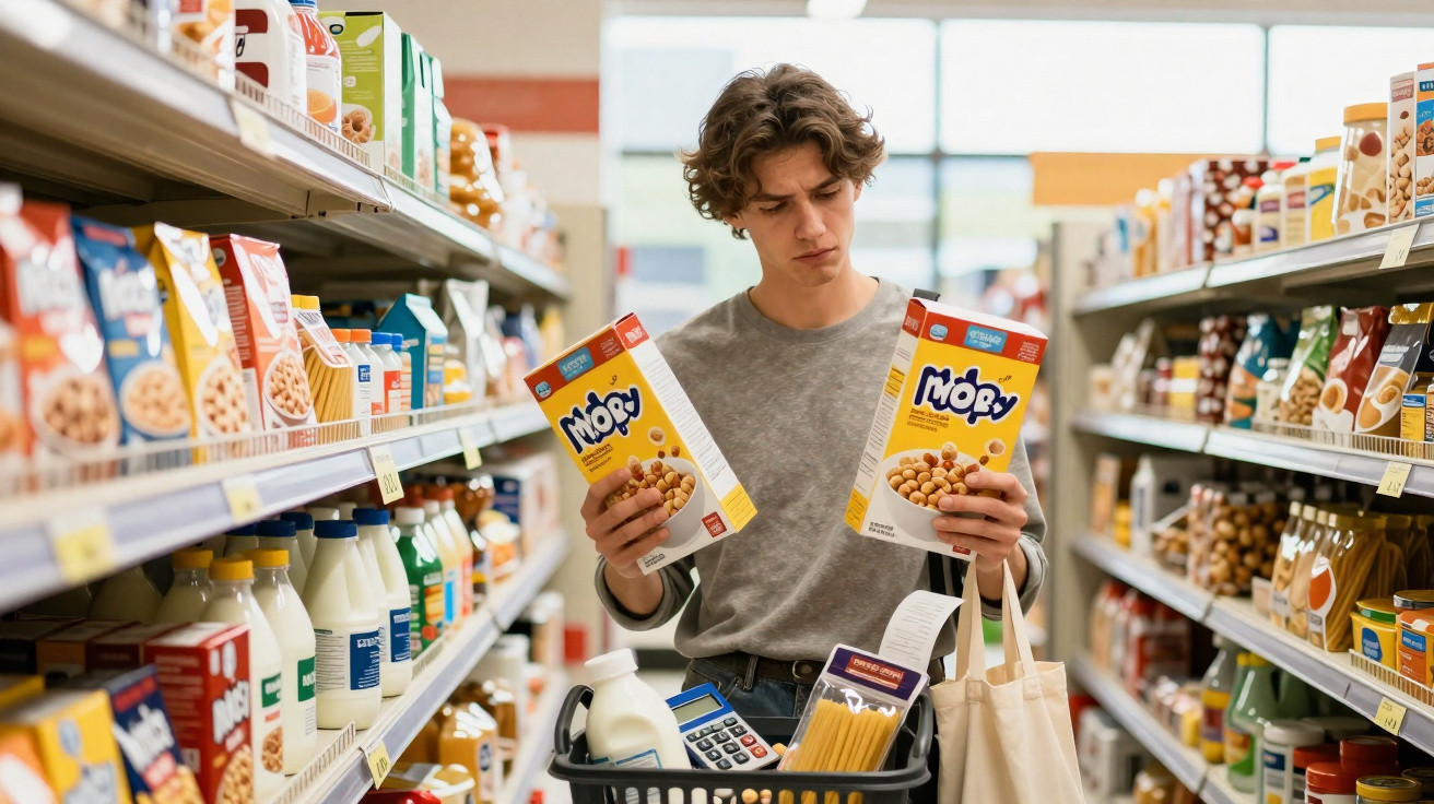 Junger Mann im Supermarkt vergleicht zwei Packungen Müsli in den Händen im Einkaufsregal.