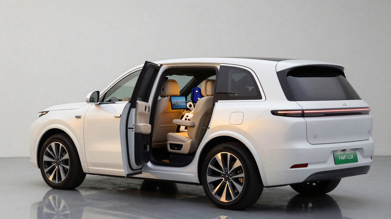 Weißes Elektro-SUV mit geöffneter hinterer linker Tür und beigem Innenraum in einem hellen Raum.