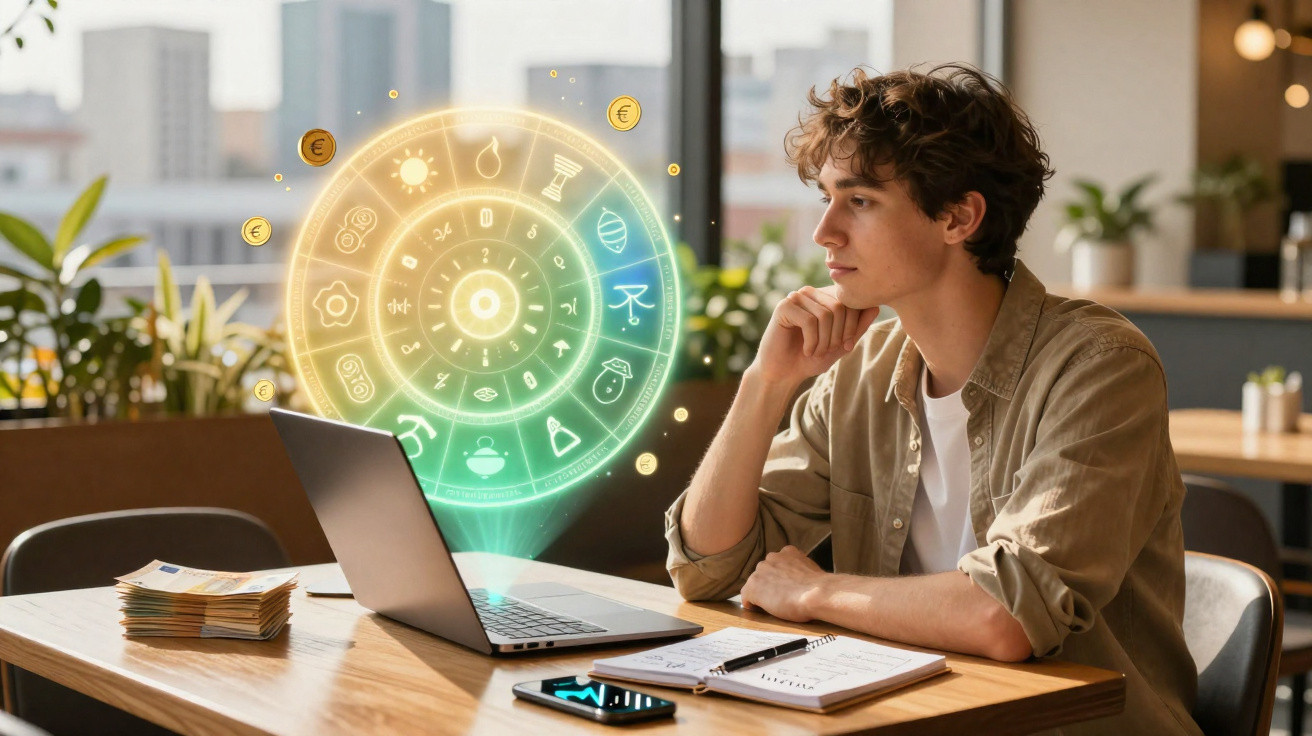 Junger Mann arbeitet am Laptop mit holografischem astrologischem Rad in modernem Büro.