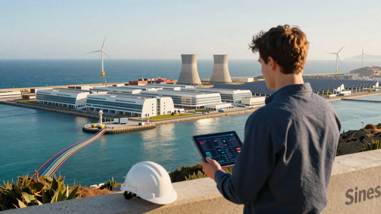 Mann mit Tablet blickt auf modernes Kraftwerk am Wasser mit Windrädern und Kühl­türmen bei klarem Himmel.
