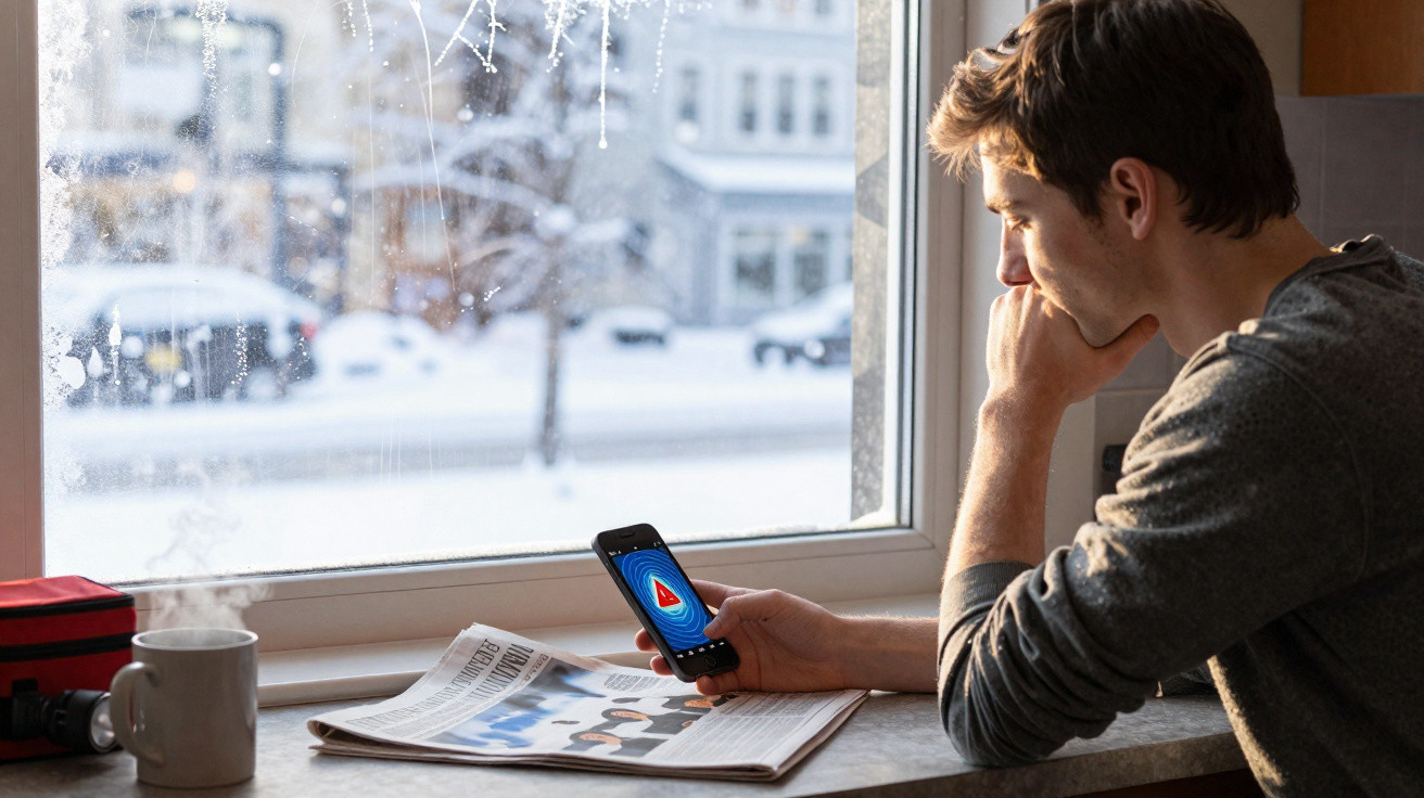 Mann sitzt am Fenster mit Zeitung, trinkt Kaffee und schaut auf sein Handy mit Warnmeldung bei winterlichem Wetter.