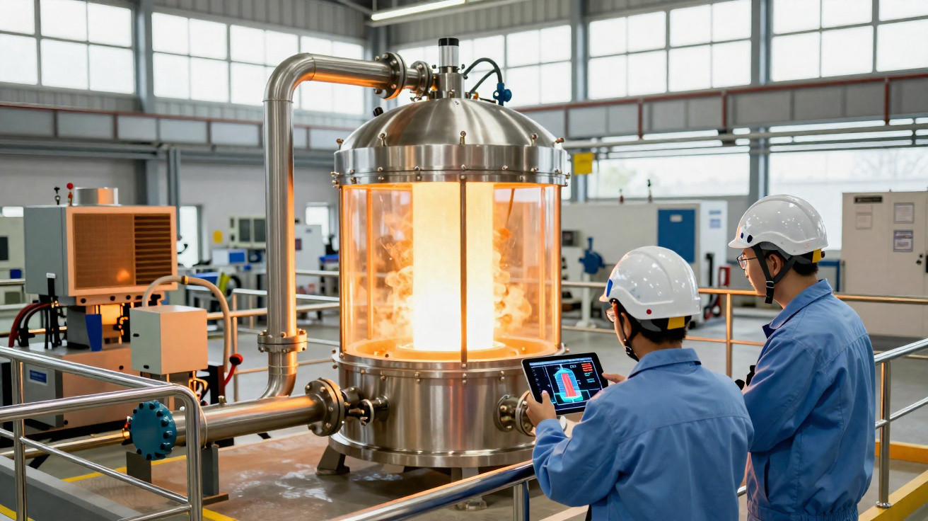 Zwei Techniker mit Schutzhelmen überwachen eine leuchtende industrielle Apparatur in einer Fabrikhalle.