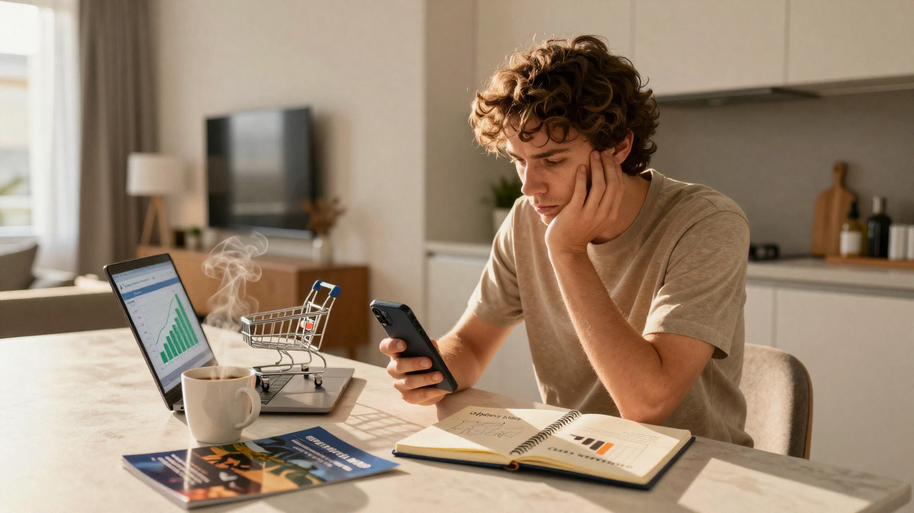 Junger Mann sitzt am Tisch mit Smartphone, Notebook, Laptop und dampfendem Kaffee im modernen Wohnzimmer.
