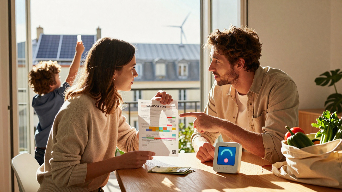 Familie bespricht Stromrechnung am Tisch, im Hintergrund Kind vor Fenster mit Solarzellen und Windrad.