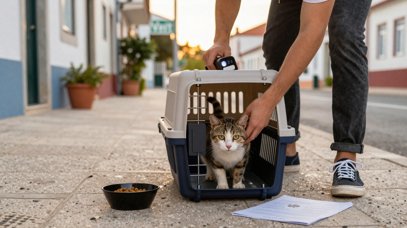 Katze wird von Person vor einem Tiertransportkorb auf Gehweg gestreichelt, Futter und Papiere liegen daneben.