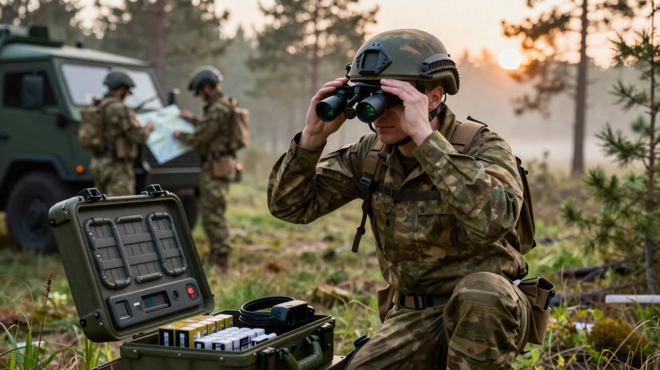 Soldat in Tarnuniform nutzt Fernglas im Wald, während zwei andere Soldaten vor Militärfahrzeug Karten prüfen.