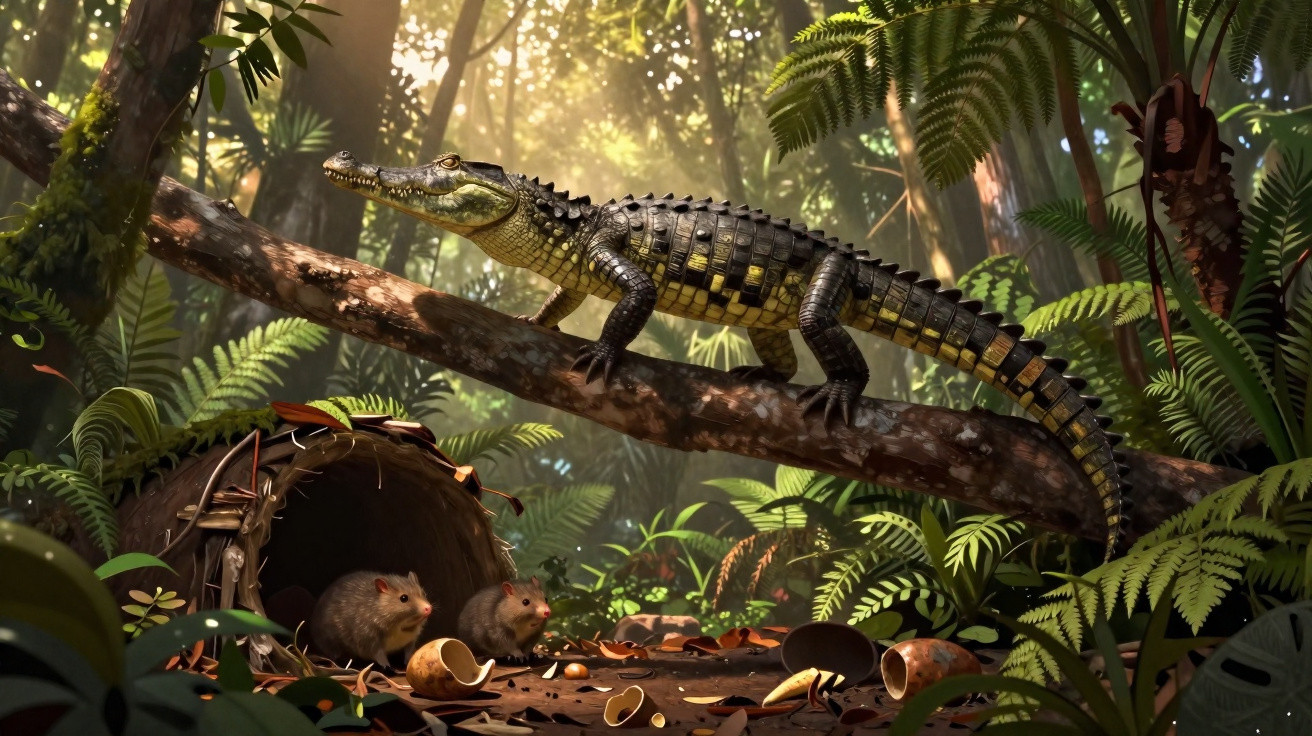Junges Krokodil auf Baumstamm über zwei kleinen Nagetieren im dichten Dschungel bei Sonnenlicht.