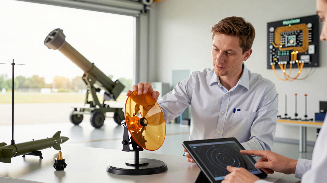 Ein Mann erklärt ein Radar-Reflektor-Modell, während eine andere Person auf einem Tablet ein Radarbild zeigt.