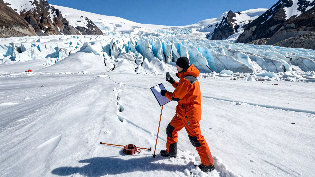 Forscher in orangem Overall misst mit Geräten Gletschereis vor schneebedeckten Bergen und blauem Himmel.